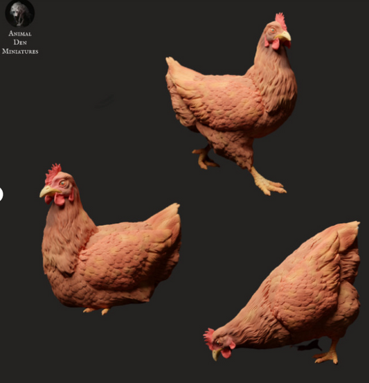 Three hens with crowing rooster by Animal den miniatures