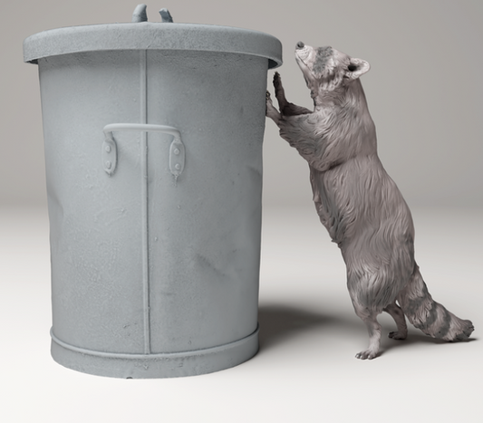 Raccoon standing in front of trash can by Animal den miniatures