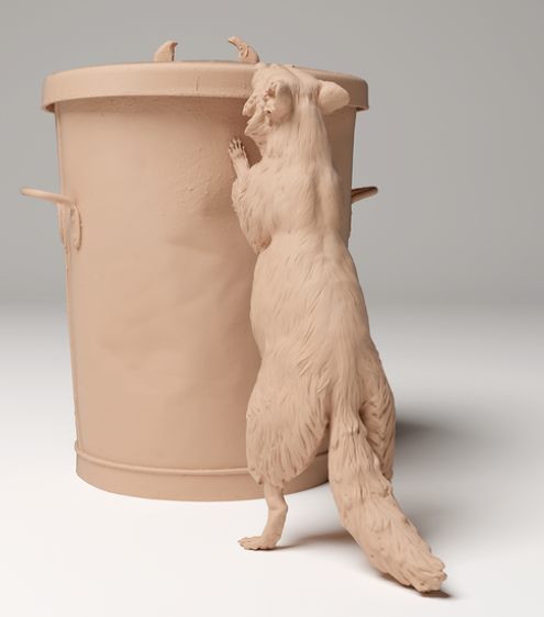 Vor Mülltonne stehender Waschbär von Animal den miniatures