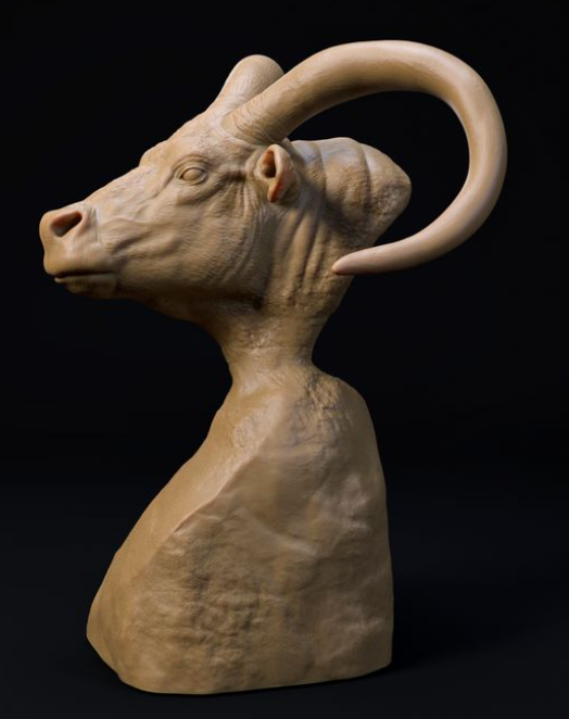 Buste de Pelorovis représentant un dinosaure et un chien en impression 3D