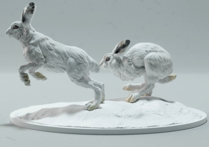 Lièvres des neiges en course, issus des miniatures Animal den, en impression 3D