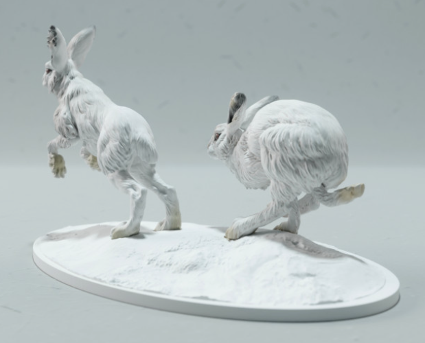 Lièvres des neiges en course, issus des miniatures Animal den, en impression 3D