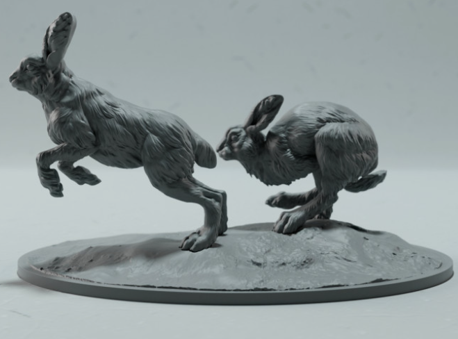 Lièvres des neiges en course, issus des miniatures Animal den, en impression 3D