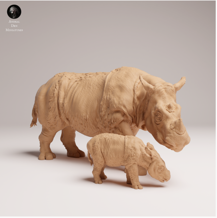 Une mère rhinocéros de Sumatra avec son bébé, d'Animal Den Miniatures, en impression 3D