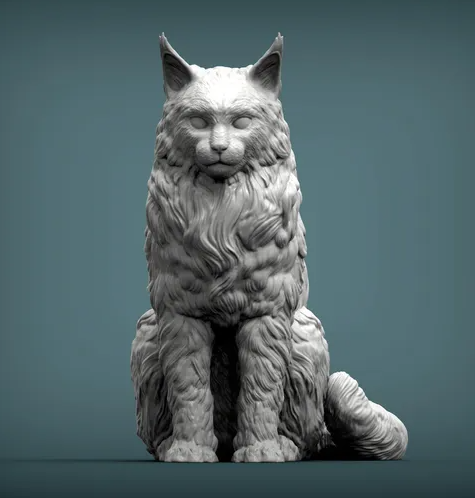 Impression 3D d'un chat Maine Coon assis, regardant sur le côté, par Akuzmenko