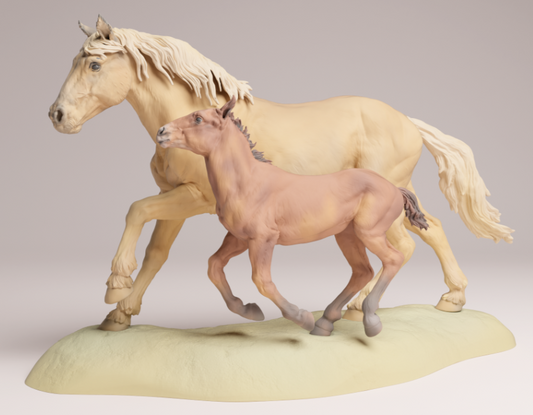 Racing Mustang mare with foal by Animal den miniatures