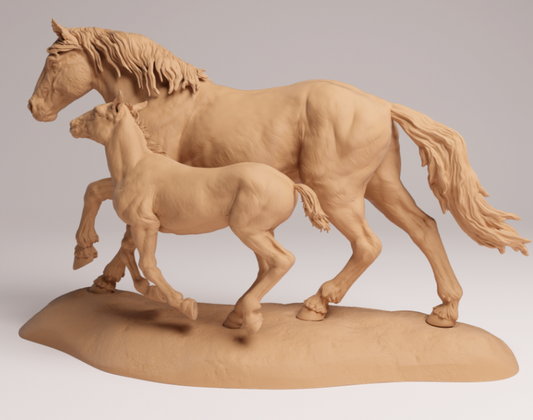 Racing Mustang mare with foal by Animal den miniatures