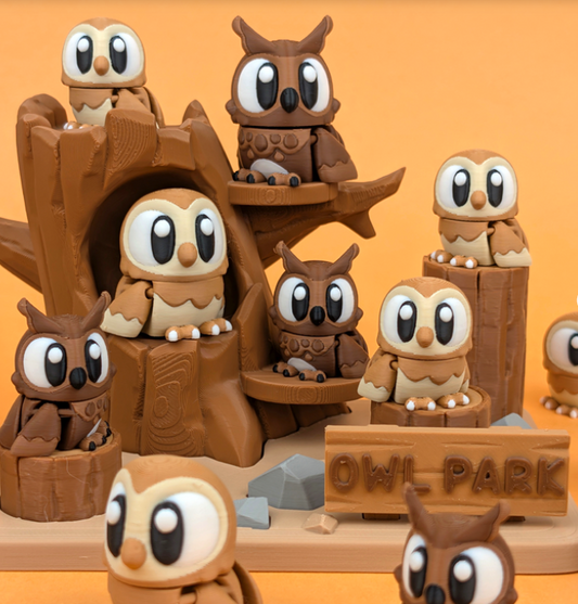 Flexi Owls with accessories from GOB3D / colorful FDM print