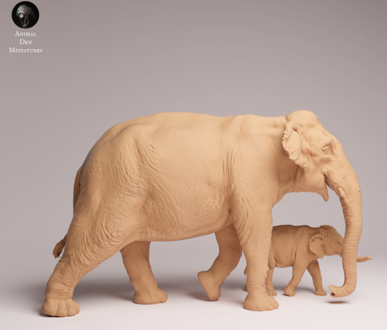 Indian elephant cow with calf from Animal den miniatures as a 3D print