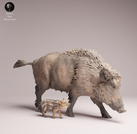 Wildschwein mit Frischling / unbemaltes Resin Miniaturtier