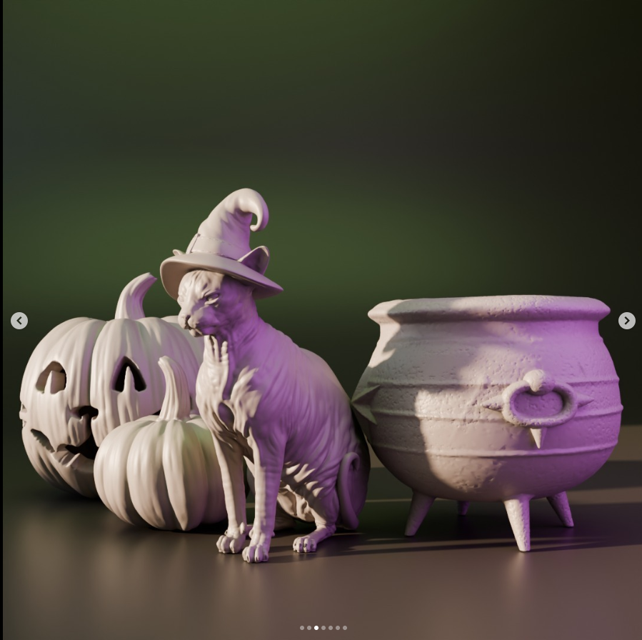 Cat Wanda with pumpkins and cauldron by Bexbee Studios