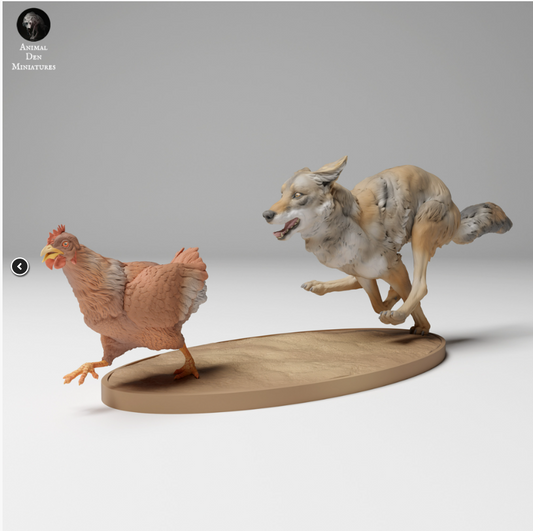 Coyote hunts a chicken from animal den miniatures as 3D print