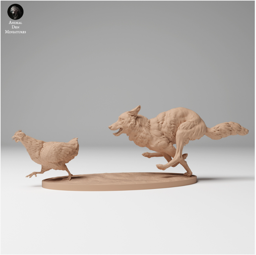Coyote hunts a chicken from animal den miniatures as 3D print