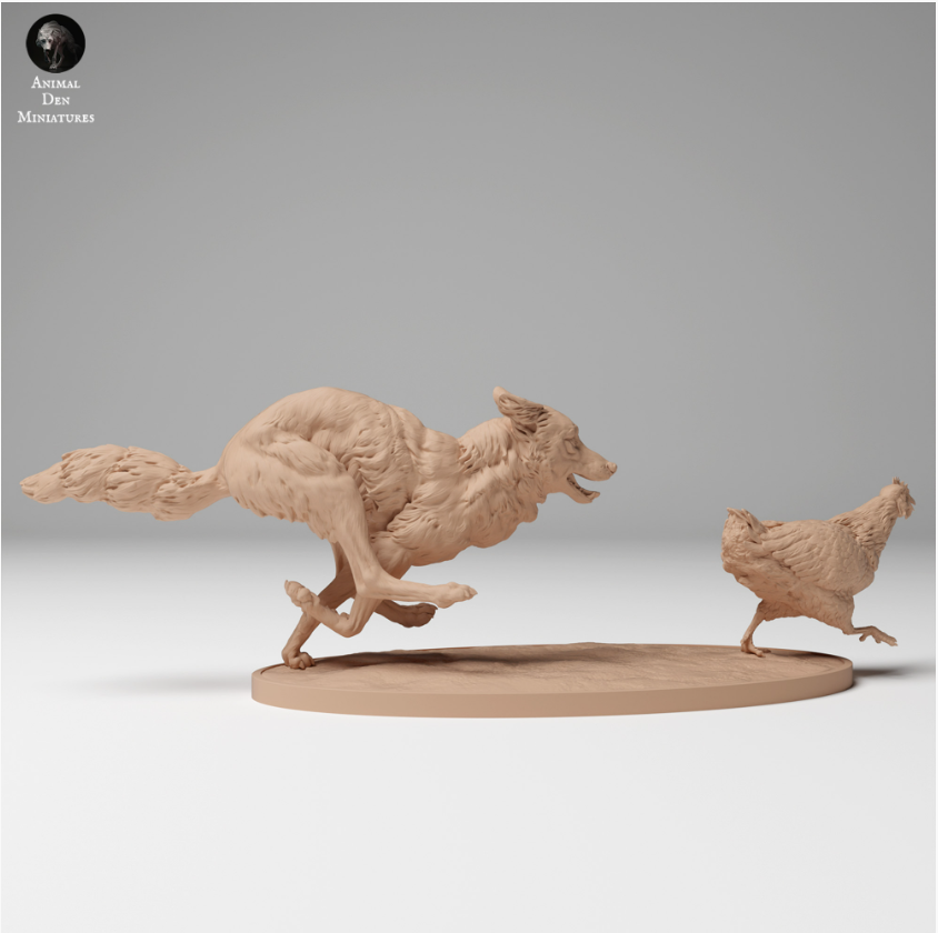 Coyote hunts a chicken from animal den miniatures as 3D print