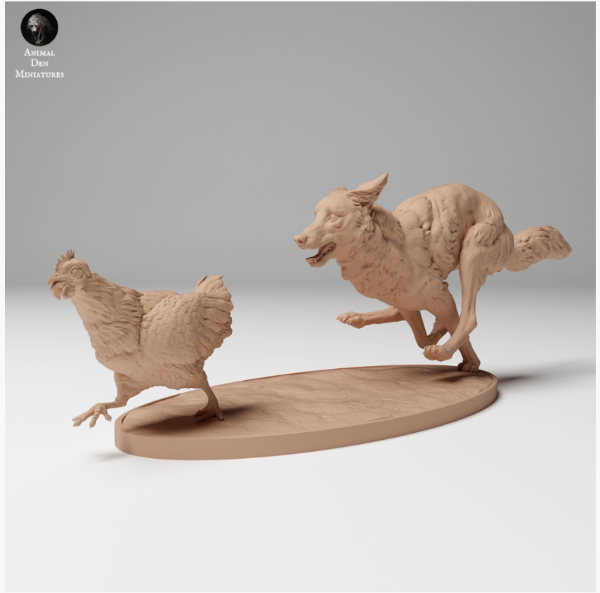 Coyote hunts a chicken from animal den miniatures as 3D print