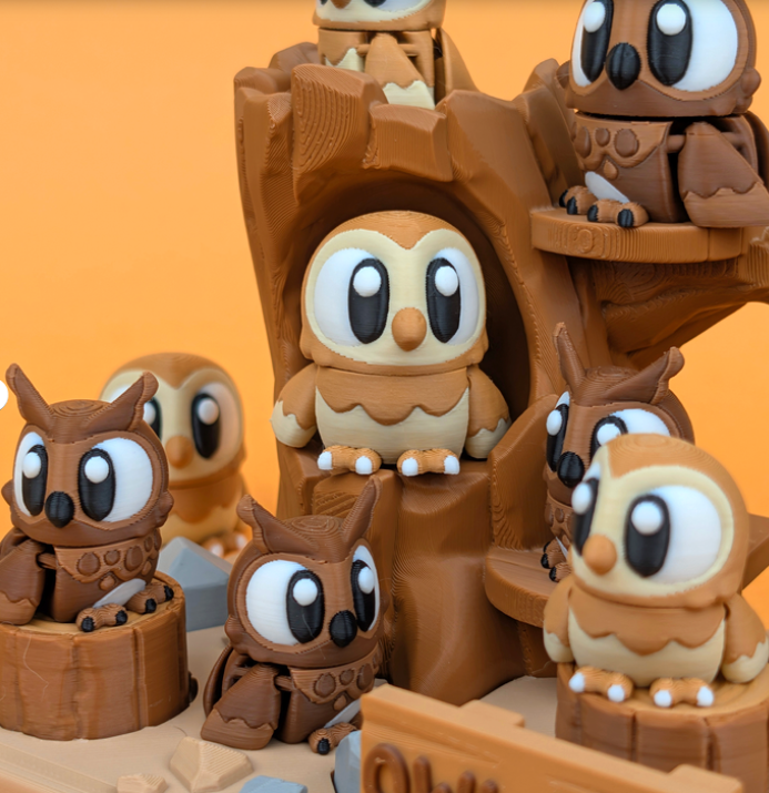 Flexi Eulen mit Zubehör von GOB3D / bunter FDM Druck