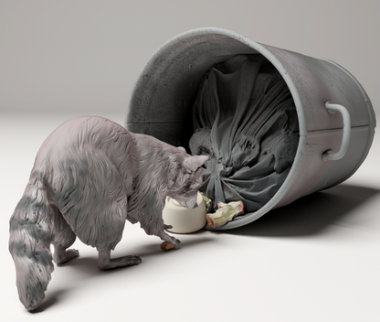 Raccoon rummaging in trash can by Animal den miniatures