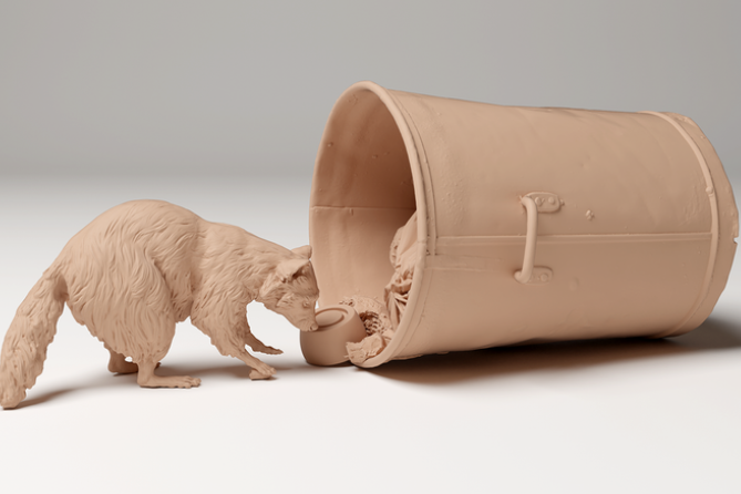 Raccoon rummaging in trash can by Animal den miniatures