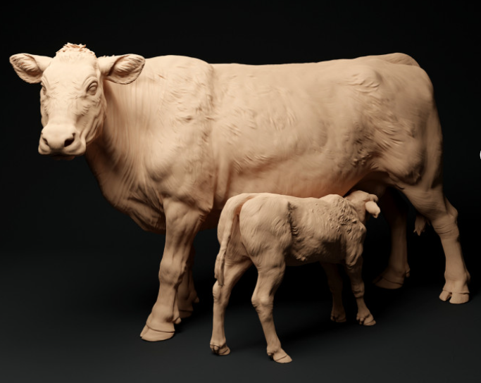 Vache Red Devon nourrissant son veau par Animal den miniatures