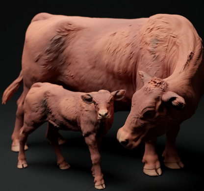 Red Devon cow with calf by Animal den miniatures