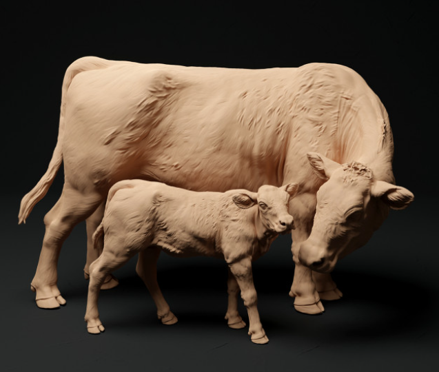 Red Devon cow with calf by Animal den miniatures
