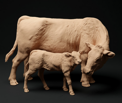 Red Devon cow with calf by Animal den miniatures