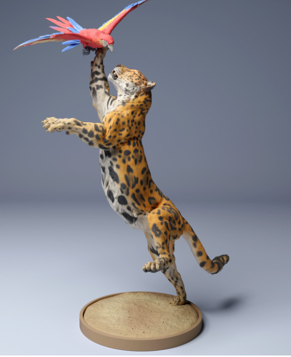 Jaguar attrape un perroquet par Animal den miniatures