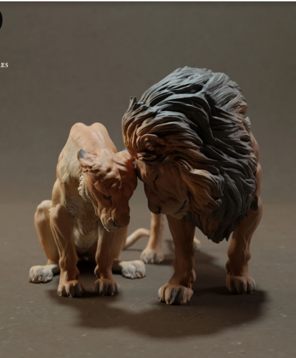 Un lion câline une lionne d'Animal Den Miniatures