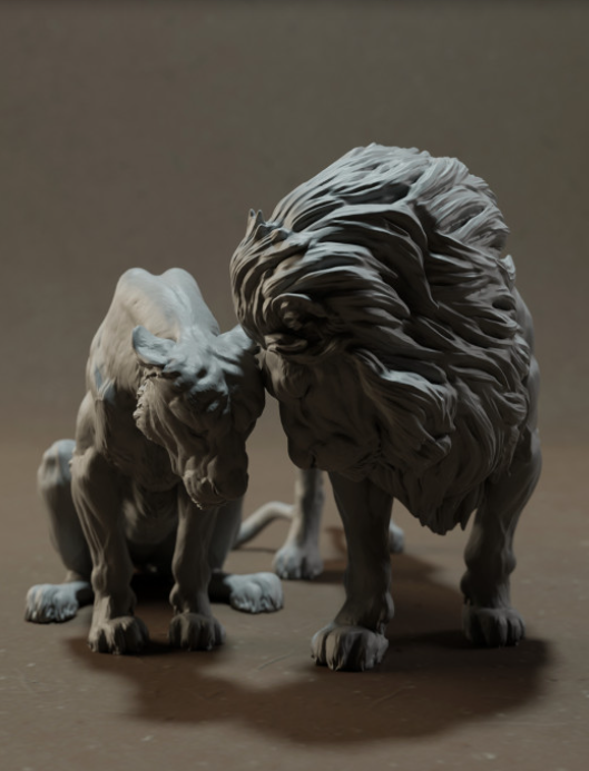 Un lion câline une lionne d'Animal Den Miniatures