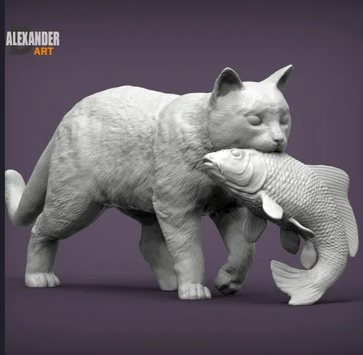 Chat avec un poisson dans la bouche par Akuzmenko