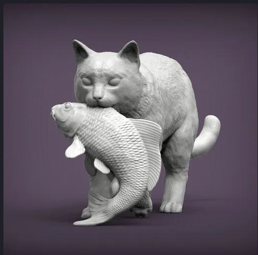Chat avec un poisson dans la bouche par Akuzmenko