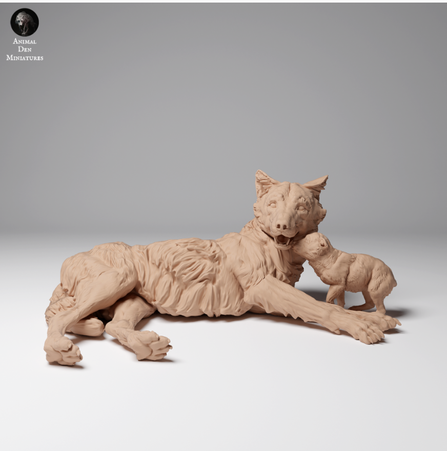 Mongolische Wölfin mit Welpe von Animal den miniatures