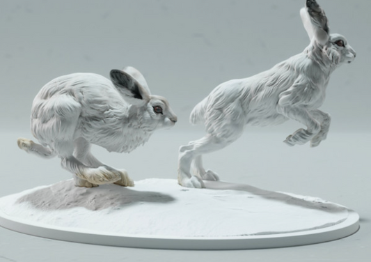 Lièvres des neiges en course, issus des miniatures Animal den, en impression 3D