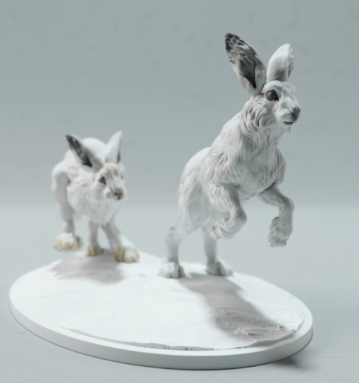 Lièvres des neiges en course, issus des miniatures Animal den, en impression 3D