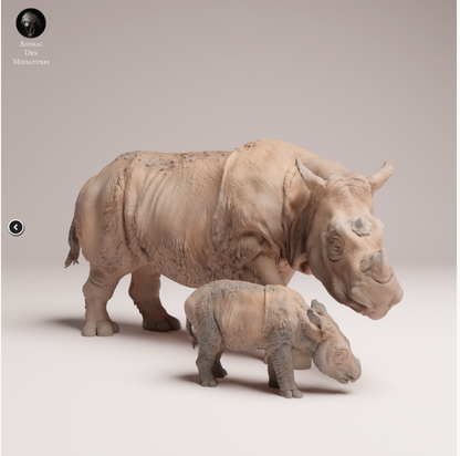 Une mère rhinocéros de Sumatra avec son bébé, d'Animal Den Miniatures, en impression 3D