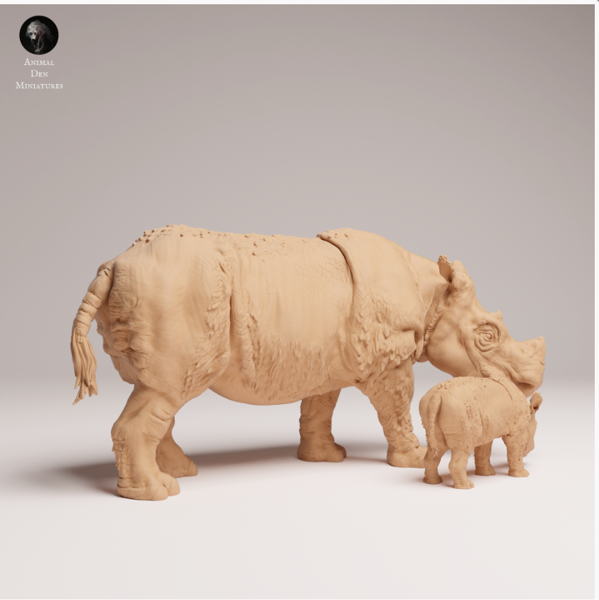 Une mère rhinocéros de Sumatra avec son bébé, d'Animal Den Miniatures, en impression 3D