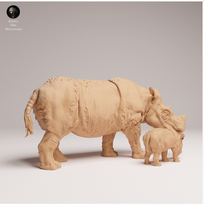 Une mère rhinocéros de Sumatra avec son bébé, d'Animal Den Miniatures, en impression 3D
