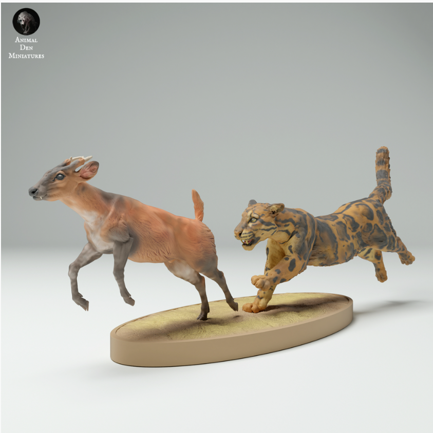 Un léopard chasse un muntjac à partir de miniatures d'Animal Den en impression 3D