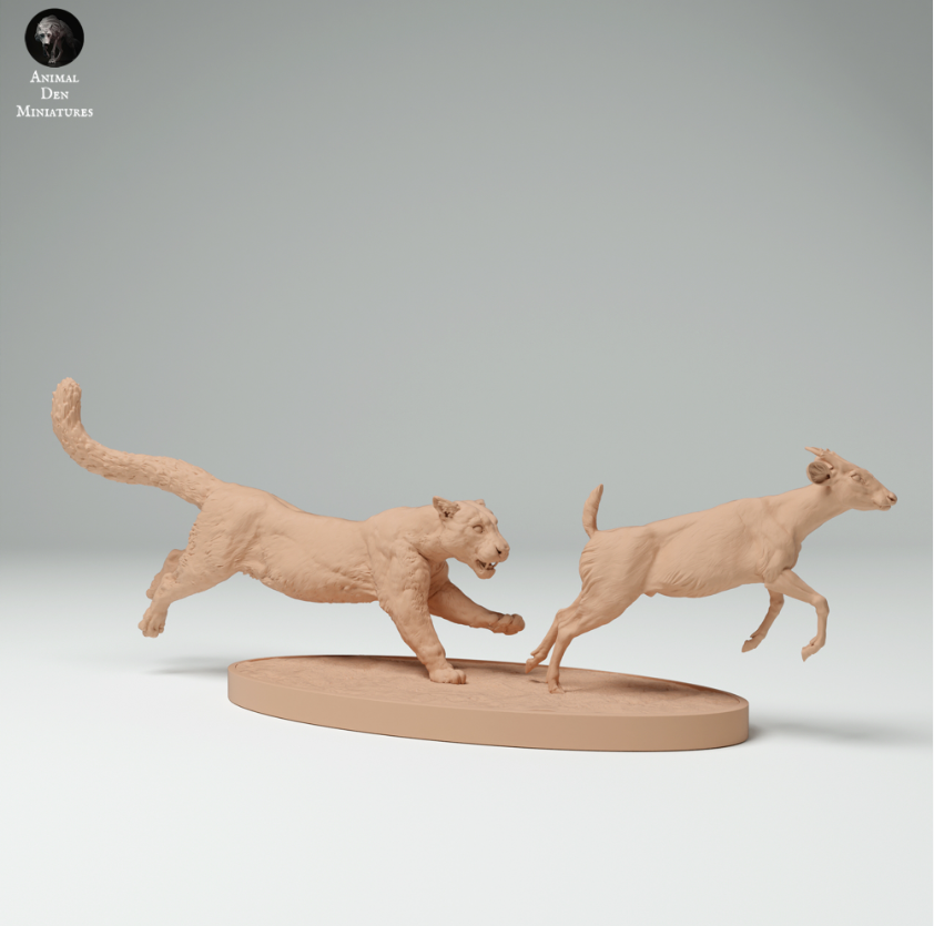 Un léopard chasse un muntjac à partir de miniatures d'Animal Den en impression 3D