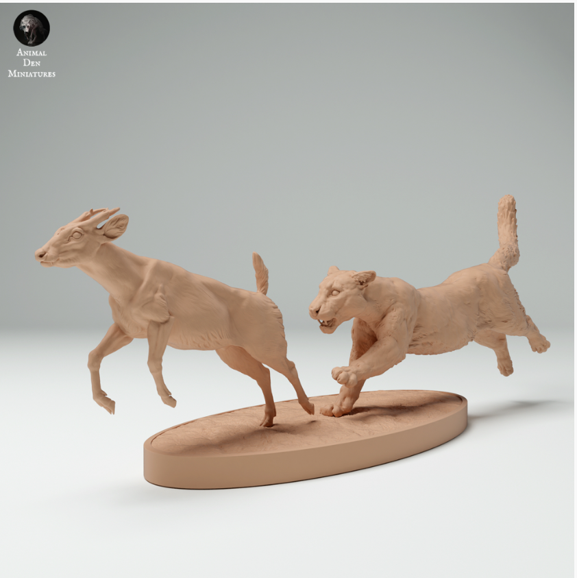 Un léopard chasse un muntjac à partir de miniatures d'Animal Den en impression 3D