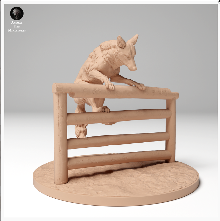 Coyote is climbing over a fence from Animal den miniatures as 3D print