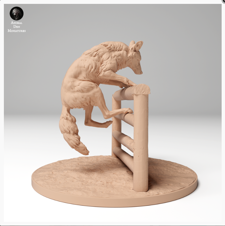Coyote is climbing over a fence from Animal den miniatures as 3D print