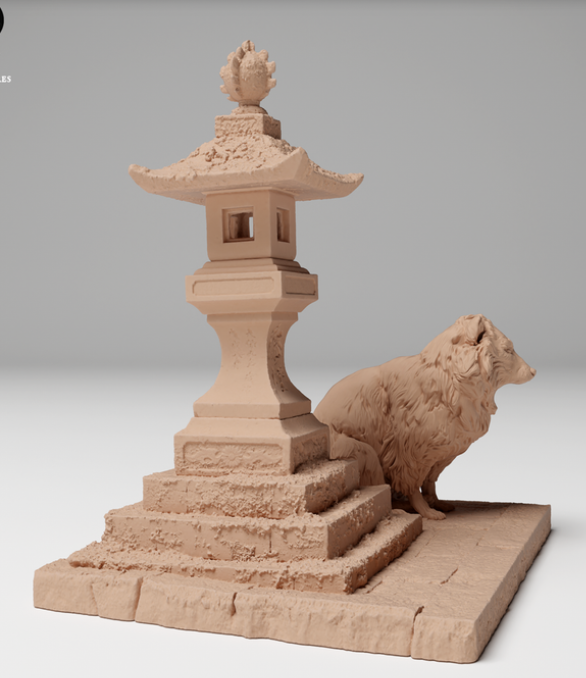 Tanuki neben chinesischer Laterne von Animal den miniatures als 3D Druck