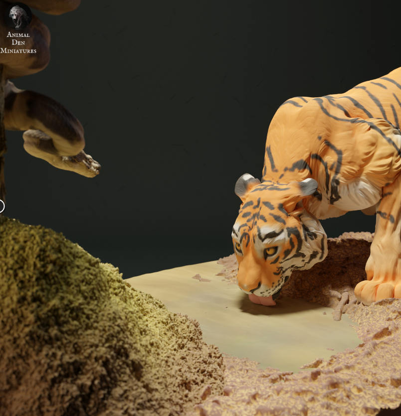 Drinking tiger is watched by snake - Diorama set by Animal den miniatures as 3D print