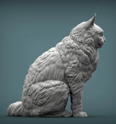 Impression 3D d'un chat Maine Coon assis, regardant sur le côté, par Akuzmenko