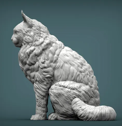 Impression 3D d'un chat Maine Coon assis, regardant sur le côté, par Akuzmenko