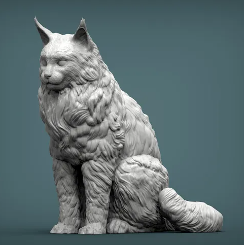 Impression 3D d'un chat Maine Coon assis, regardant sur le côté, par Akuzmenko