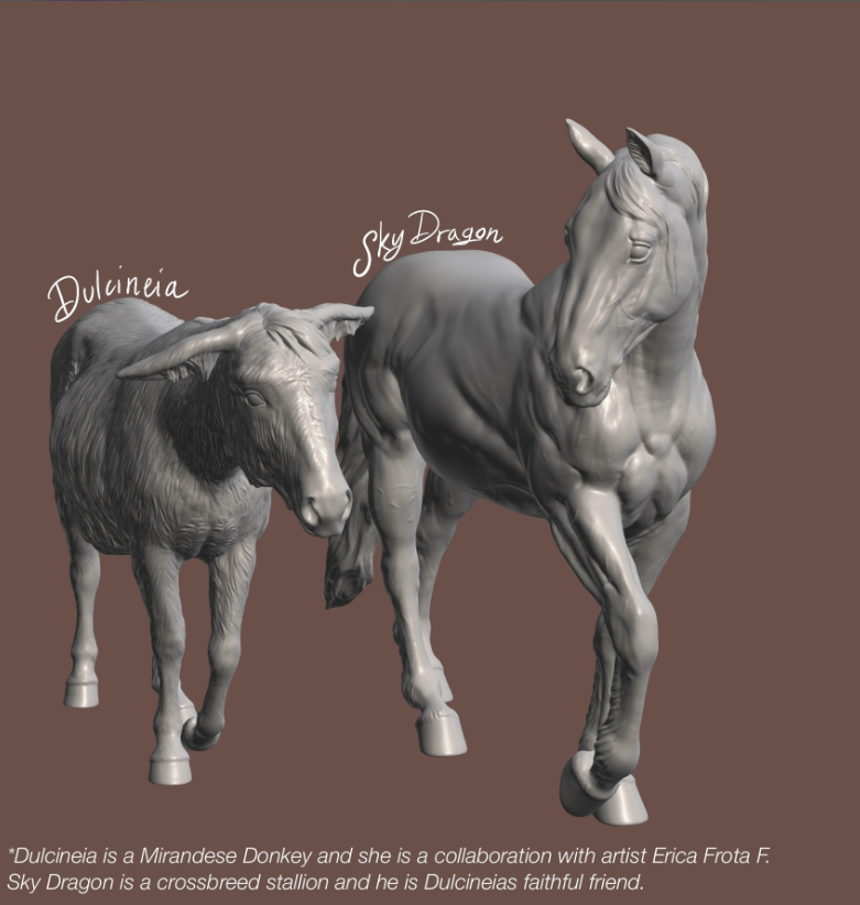 Mirandese donkey "Dulcinea" and crossbred stallion "Skydragen" by Carola Funder and Erica Frota