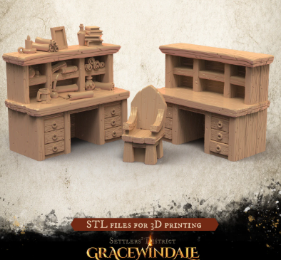 Schreibtisch mit Stuhl von Gracewindale / 2 Versionen / unbemalte Resin Miniatur