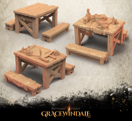Tisch mit 2 Bänken von Gracewindale / 3 Versionen / unbemalte Resin Miniatur